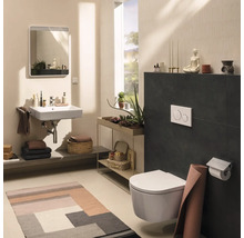 Salle de bains lumineuse et organisée de style moderne avec WC suspendu, lavabo rectangulaire, miroir et éléments décoratifs.
