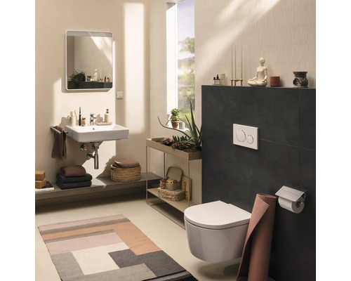 Salle de bains lumineuse et organisée de style moderne avec WC suspendu, lavabo rectangulaire, miroir et éléments décoratifs.