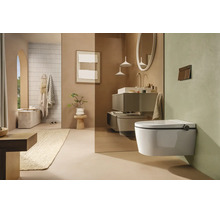 Salle de bains moderne et organisée avec WC douche suspendu, meuble lavabo, miroir rond et paroi de séparation en verre au design minimaliste.