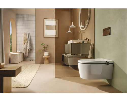 Salle de bains moderne et organisée avec WC douche suspendu, meuble lavabo, miroir rond et paroi de séparation en verre au design minimaliste.