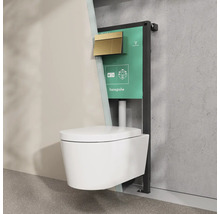 Wand-WC-Set mit Unterputz-Spülkasten von Hansgrohe, Montagebeispiel mit Rahmen und Drückerplatte in einem Badezimmer.