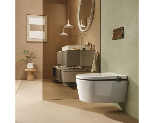 Salle de bains moderne avec toilette douche suspendue, paroi en verre, meuble sous-vasque avec lavabo, robinetterie et miroir rond.
