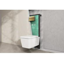 WC suspendu avec bâti-support, plaque de commande dorée et hansgrohe Logo, illustré dans une installation murale.