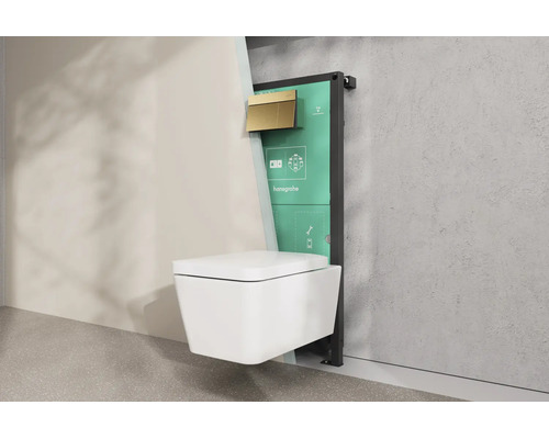 WC suspendu avec bâti-support, plaque de commande dorée et hansgrohe Logo, illustré dans une installation murale.