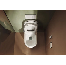 Vue de dessus d un WC-douche suspendu moderne en céramique blanche dans une salle de bains minimaliste avec plaque de déclenchement.