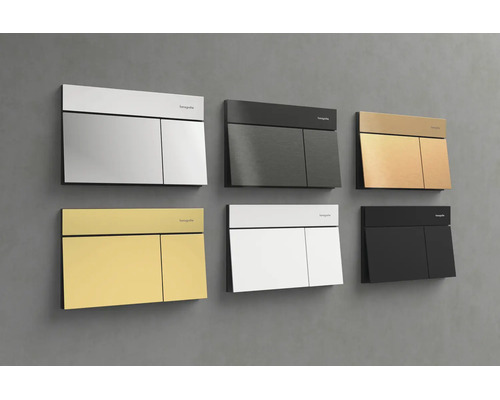Sélection de plaques de déclenchement Hansgrohe pour le rinçage des WC dans différentes finitions et un design moderne et angulaire.