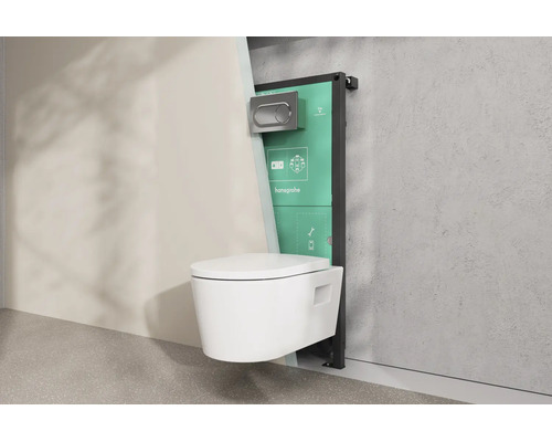 WC suspendu avec réservoir encastré et bâti-support hansgrohe, vue d'installation avec mur en coupe.