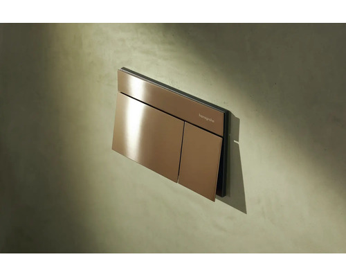 Plaque de déclenchement Hansgrohe pour WC avec rinçage double touche en aspect bronze montée sur un mur.