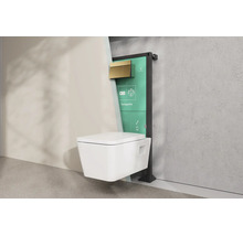 WC suspendu Hansgrohe avec bâti-support et plaque de déclenchement. La vue en coupe montre le système d'installation et la cuvette.