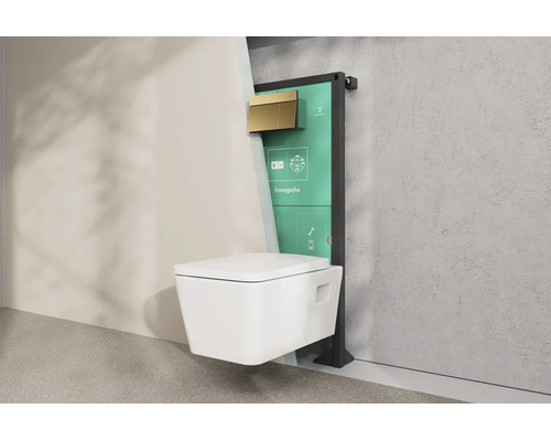 WC suspendu Hansgrohe avec bâti-support et plaque de déclenchement. La vue en coupe montre le système d'installation et la cuvette.