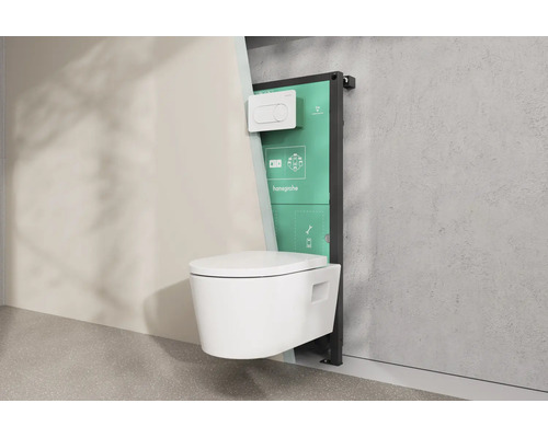 Vue en coupe murale avec toilettes suspendues, bâti-support hansgrohe avec réservoir encastré et hansgrohe Logo.