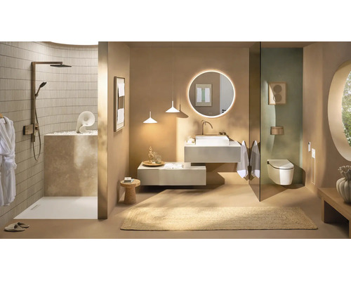 Salle de bains moderne et lumineuse avec douche à l'italienne, meuble sous-vasque suspendu, miroir LED rond et WC suspendu.