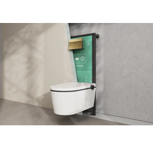 Set de toilette suspendue Hansgrohe avec bâti-support et plaque de déclenchement dorée dans une installation de salle de bains lumineuse.