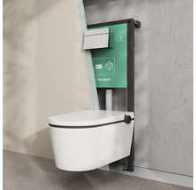 Wand-Dusch-WC mit Hansgrohe Montagerahmen, Unterputz-Spülkasten und weißer Betätigungsplatte in einer modernen Badezimmersituation.