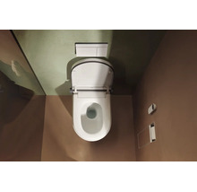 Vue de dessus d une toilette suspendue avec abattant ouvert, une plaque de déclenchement et un support accessoire encastré dans une salle de bain.