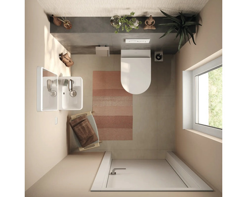 Vue de dessus d une salle de bains moderne avec WC suspendu, lavabo et douche à l italienne. Design minimaliste avec sol carrelé.