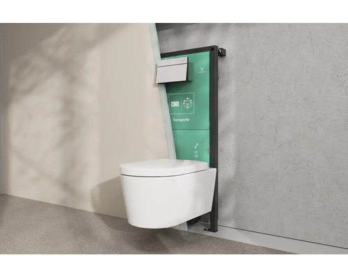 Wand-WC mit Hansgrohe Vorwandelement und Betätigungsplatte, Querschnitt einer Badezimmer-Installation.