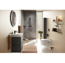 Salle de bain moderne avec meuble sous-lavabo anthracite, miroir LED rond, douche à l'italienne et WC suspendu blanc.
