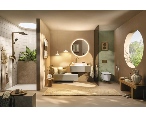 Salle de bain moderne avec douche à l'italienne, miroir rond lumineux, WC suspendu, banc en bois et grande fenêtre circulaire.