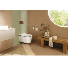 Salle de bain moderne avec une toilette douche suspendue, un banc en bois et une fenêtre circulaire.