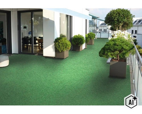 Toit-terrasse moderne avec gazon artificiel et plantes vertes en pot devant une façade résidentielle. (Image AI modified or generated)
