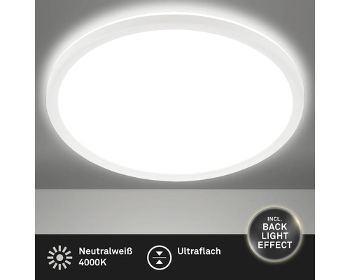 Runde ultraflache LED Deckenleuchte mit neutralweißem Licht von 4000 Kelvin und zusätzlichem Hintergrundbeleuchtungseffekt.