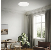 Helle, runde LED-Deckenleuchte in einem modern eingerichteten Wohnzimmer mit Esstisch, Zimmerpflanze und großem Fenster.