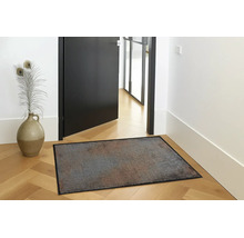 Paillasson rectangulaire multicolore avec un bord noir posé sur un parquet en bois clair dans une entrée lumineuse à côté d'un vase.