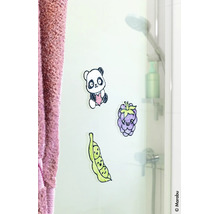 Selbstgemachte Window-Color-Bilder von Panda, Brombeere und Erbsenschote auf einer Duschkabine aus Glas