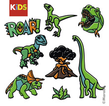 Ensemble de stickers dinosaures pour enfants avec divers dinosaures, un volcan et l inscription ROAR. Marabu Logo.