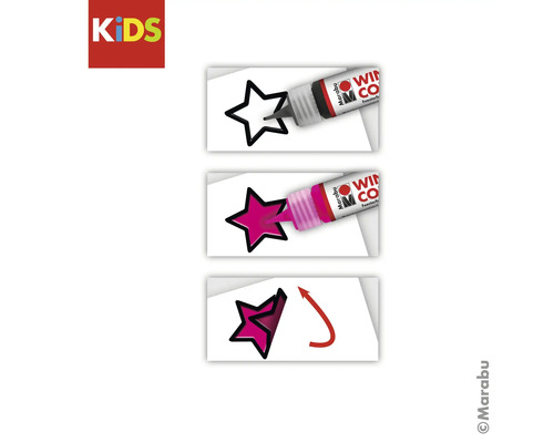 Anwendungsschritte für Marabu Window Color: Konturen zeichnen, Flächen ausfüllen und Motiv nach dem Trocknen abziehen.