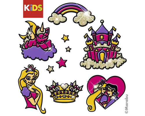 Fensterset für Kinder mit Motiven von Prinzessin, Einhorn, Schloss, Regenbogen, Krone und Herz mit Glitzereffekten.