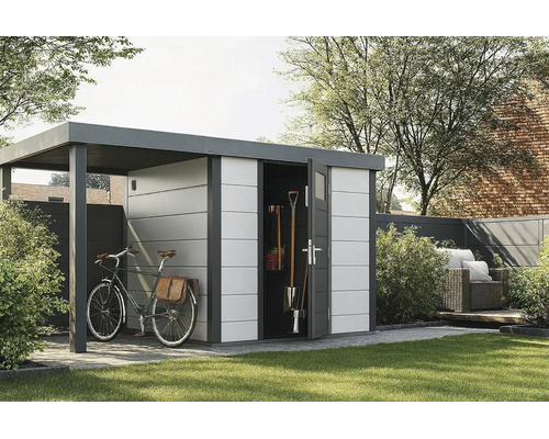 Abri de jardin moderne avec toit plat, abri à vélos intégré et porte ouverte montrant des outils de jardin, dans un jardin soigné.