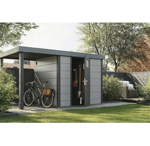 Modernes Metallgerätehaus mit Flachdach, integriertem Fahrradunterstand und Gartengeräten in einer organisierten Gartenumgebung.