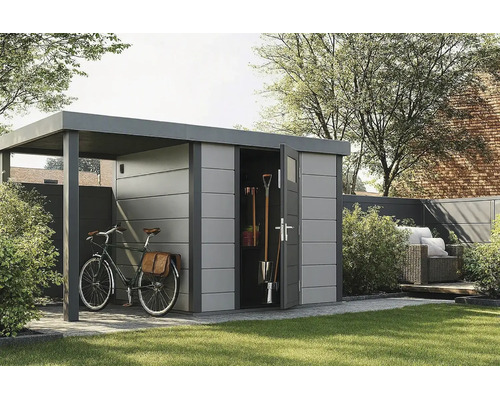 Abri de jardin moderne en métal avec toit plat, abri à vélos intégré et outils de jardinage dans un jardin organisé.