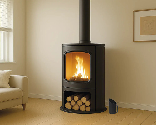 Poêle à bois noir moderne avec feu visible à travers la vitre, compartiment à bûches et conduit de cheminée noir dans un salon lumineux.