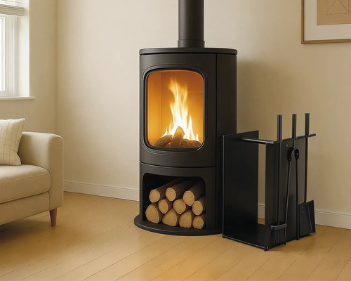 Poêle à bois noir moderne avec feu et compartiment à bûches dans un salon lumineux avec canapé et serviteur de cheminée.