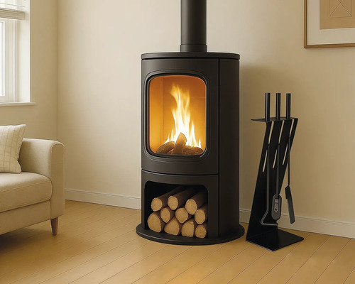 Poêle à bois noir moderne avec grande vitre, feu brûlant, compartiment à bûches et serviteur de cheminée dans un salon lumineux.