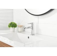 Mitigeur de lavabo monocommande en chrome sur un lavabo dans une salle de bains lumineuse et moderne avec miroir et plante.
