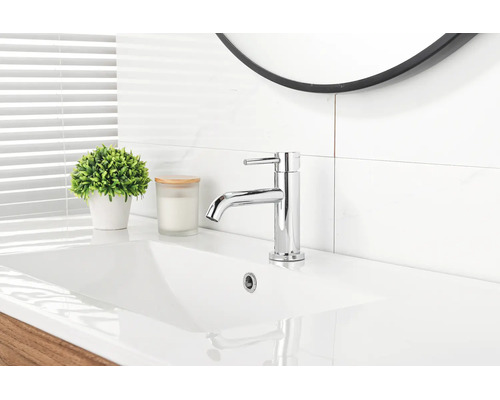 Mitigeur de lavabo monocommande en chrome sur un lavabo dans une salle de bains lumineuse et moderne avec miroir et plante.