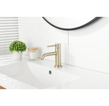 Mitigeur de lavabo monocommande moderne en or mat sur un lavabo en céramique blanc dans une salle de bains lumineuse.