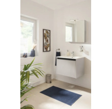 Salle de bain moderne avec meuble sous-lavabo suspendu blanc, armoire de toilette, robinet et tapis de bain bleu dans une pièce lumineuse.
