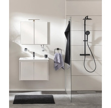 Salle de bains moderne avec vasque blanche, armoire de toilette, robinetterie et système de douche noirs.