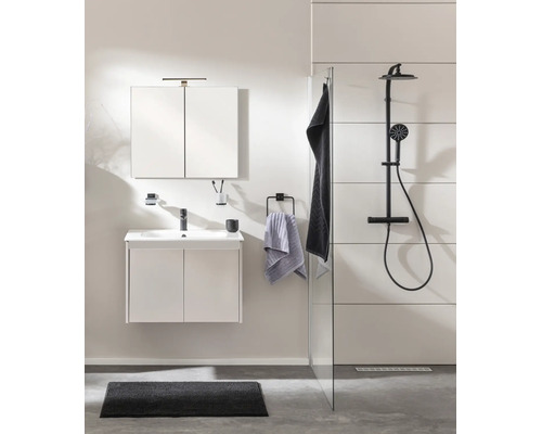 Salle de bains moderne avec vasque blanche, armoire de toilette, robinetterie et système de douche noirs.