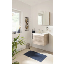 Salle de bain lumineuse avec meuble sous-lavabo suspendu aspect bois, lavabo blanc, armoire de toilette éclairée et tapis de bain bleu.
