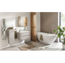 Salle de bains moderne avec baignoire îlot, meuble sous-lavabo, armoire de toilette, colonne et cloison en lattes de bois.