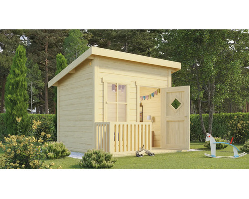 Maisonnette moderne en bois clair avec toit en appentis, fenêtre, véranda et porte dans un jardin lumineux et verdoyant.