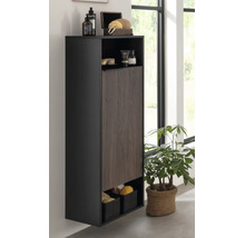 Armoire de salle de bains moderne suspendue en anthracite et aspect bois dans une pièce lumineuse et organisée à côté d'une plante.