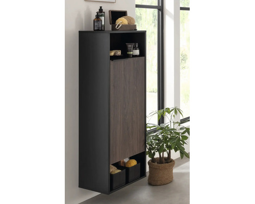 Armoire de salle de bains moderne suspendue en anthracite et aspect bois dans une pièce lumineuse et organisée à côté d'une plante.