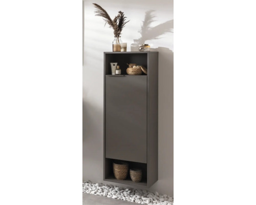 Armoire de salle de bain murale avec surfaces de rangement ouvertes et une porte, design moderne avec accessoires et paniers.